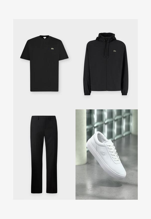 Mustmust jacket, millel näpsuga, kergest materjalist. Omab elastseid mansette ja väikest rohelist logo vasakul rinnal.; Must lühikeste varrukatega t-särk ümar kaelusega väikese rohelise krokodillilogo vasakul rinnal heledal hallil taustal.; Mustad püksid sirge säärega, valmistatud siledast kangast. Omadusteks on tasane esipind ja keskmise kõrgusega vööpais.; Valge madala säärega toss, millel on paeladega disain ja reljeefne krokodillilogoga, paigutatud halli läikiva põranda kohale, taustal klaasplokksein.