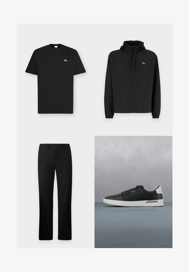 Schwarze Zip-Jacke mit Kapuze, aus leichtem Material hergestellt. Verfügt über elastische Bündchen und ein kleines grünes Logo auf der linken Brust.; Schwarzes kurzärmliges T-Shirt mit Rundhalsausschnitt und kleinem grünem Krokodil-Logo auf der linken Brust auf hellgrauem Hintergrund.; Schwarze maßgeschneiderte Hosen mit geradem Beinschnitt, hergestellt aus glattem Stoff. Merkmale sind ein flacher Bund und ein mittelhoher Taillenbund.; Schwarze Ledersneaker mit weißer Sohle, ausgestattet mit Perforationen, Schnürdesign, Logo an der Seite und kontrastierenden Fersendetails in Weiß und Braun.