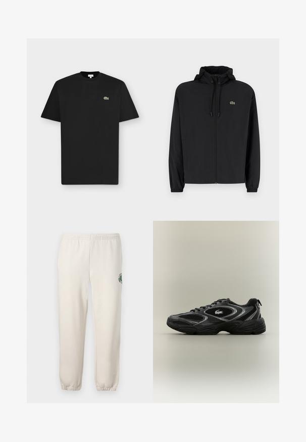 Veste noire à fermeture éclair avec capuche, fabriquée en matériau léger. Présente des poignets élastiques et un petit logo vert sur la poitrine gauche.; T-shirt noir à manches courtes avec col rond et petit logo crocodile vert sur le côté gauche de la poitrine sur fond gris clair.; Pantalon de jogging beige clair en coton, doté d'une taille élastique, de poignets en côtes et d'un logo vert avec un design de feuille sur la jambe gauche.; Baskets de sport noires et grises avec des panneaux en mesh, un design à lacets, une semelle épaisse et un petit logo de crocodile sur le côté.