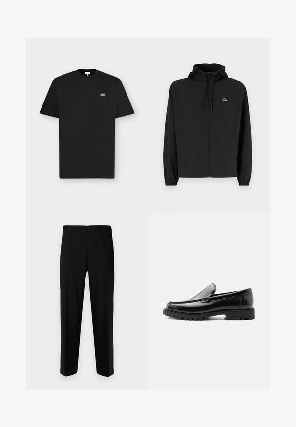 Schwarze Zip-Jacke mit Kapuze, aus leichtem Material hergestellt. Verfügt über elastische Bündchen und ein kleines grünes Logo auf der linken Brust.; Schwarzes kurzärmliges T-Shirt mit Rundhalsausschnitt und kleinem grünem Krokodil-Logo auf der linken Brust auf hellgrauem Hintergrund.; Schwarze Hosen aus glattem Stoff, mit geradem Schnitt, zwei vorderen Taschen und einem Reißverschluss mit Knopfverschluss.; Schwarzer Lederloafer mit grober Gummisohle, genähter Oberseite und geprägtem Markennamen an der Ferse, seitlich auf weißem Hintergrund gezeigt.