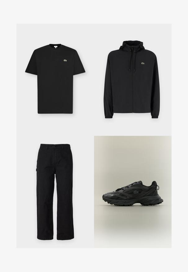 Schwarze Zip-Jacke mit Kapuze, aus leichtem Material hergestellt. Verfügt über elastische Bündchen und ein kleines grünes Logo auf der linken Brust.; Schwarzes kurzärmliges T-Shirt mit Rundhalsausschnitt und kleinem grünem Krokodil-Logo auf der linken Brust auf hellgrauem Hintergrund.; Schwarze Baumwoll-Cargohosen mit geradem Bein, ausgestattet mit Seitentaschen und einem vorderen Knopfverschluss. Langlebiger Stoff mit einer glatten Textur.; Schwarzer Sportschuh mit strukturiertem Obermaterial, eleganten Linien, Schnürverschluss und Gummilaufsohle mit Traktionsspikes. Prägung des Logodesigns.