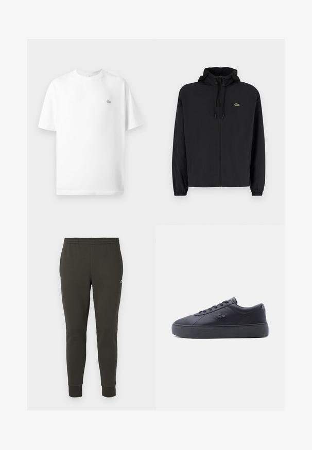 Sort zip-jakke med hætte, lavet af letvægtsmateriale. Har elastiske manchetter og et lille grønt logo på venstre bryst.; Hvid bomulds t-shirt med rund hals og korte ærmer. Har et lille sort Lacoste-logo på venstre side af brystet.; Mørkegrønne joggers lavet af blødt stof, med elastisk talje, ribbede manchetter og et lille logo på siden.; Sort læder lav-top sneaker med tyk sål, snørebånd foran og krokodillelogo på siden, vist fra ydersiden.