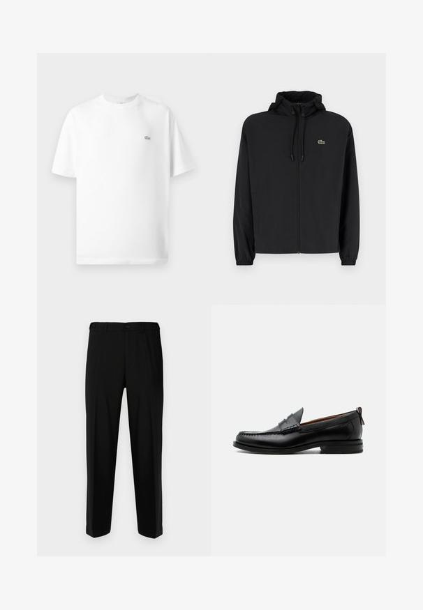 Zwarte zip-up jas met een capuchon, gemaakt van lichtgewicht materiaal. Heeft elastische manchetten en een klein groen logo op de linkerborst.; Witte katoenen t-shirt met een ronde hals en korte mouwen. Bevat een klein zwart Lacoste-logo aan de linkerkant van de borst.; Zwarte broek van gladde stof, met een rechte snit, twee voorzakken en een ritssluiting met knoopsluiting.; Zwarte leren herensloffen met moc toe stiksel, pennyriem, gestructureerde kraag en lage gestapelde hak op witte achtergrond.