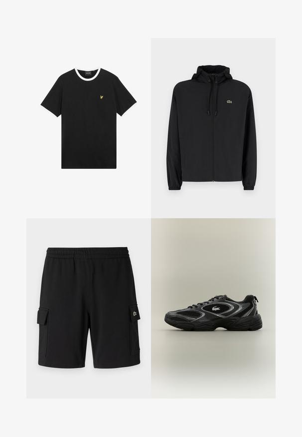 Zwarte zip-up jas met een capuchon, gemaakt van lichtgewicht materiaal. Heeft elastische manchetten en een klein groen logo op de linkerborst.; Zwart T-shirt met witte kraag en mouwranden, gemaakt van katoen. Voorzien van een klein geel geborduurd adelaarlogo op de borst.; Zwarte shorts van zacht materiaal, met een elastische tailleband, twee zijvakjes en een klein logo-label op één zak.; Zwarte en grijze sport sneaker met meshpanelen, vetersluiting, dikke zool en een klein krokodillologo aan de zijkant.