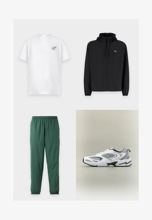 Sort zip-jakke med hætte, lavet af letvægtsmateriale. Har elastiske manchetter og et lille grønt logo på venstre bryst.; Hvid bomulds t-shirt med rund hals og korte ærmer. Har et grønt "Lacoste Paris" logo på venstre bryst. Blød tekstur.; Grønne, lette, elastiske bukser med en rynket talje og manchetter, lavet af et glat, vandafvisende materiale.; Hvid og grå sporty løbesko med mesh-paneler, grønne detaljer, sorte elementer og et logo på siden, vist fra ydersiden.