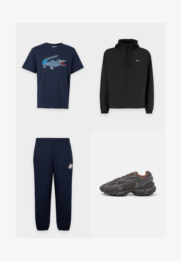 Chaqueta negra con cremallera y capucha, hecha de material ligero. Cuenta con puños elásticos y un pequeño logo verde en el lado izquierdo del pecho.; Lacoste Camiseta estampada - dark blue; Pantalones de chándal azul marino hechos de suave algodón, con puños y cinturilla elásticos. Presentan un logotipo blanco de Lacoste Paris en la pierna izquierda.; Zapatillas Lacoste en gris oscuro con material de malla y sintético, que cuentan con una suela texturizada y detalles en marrón en el cuello y la marca.