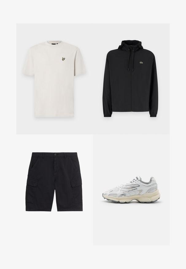 Veste noire à fermeture éclair avec capuche, fabriquée en matériau léger. Présente des poignets élastiques et un petit logo vert sur la poitrine gauche.; T-shirt en coton beige clair à col rond et manches courtes, arborant un petit logo d'oiseau brodé sur la poitrine gauche.; Shorts cargo noirs avec bouton et fermeture éclair à l'avant, deux poches latérales, deux poches cargo à rabat et passants pour ceinture.; Baskets de sport blanches avec des accents gris, tige en maille et synthétique, design à lacets et semelle en caoutchouc texturée avec motifs de traction.
