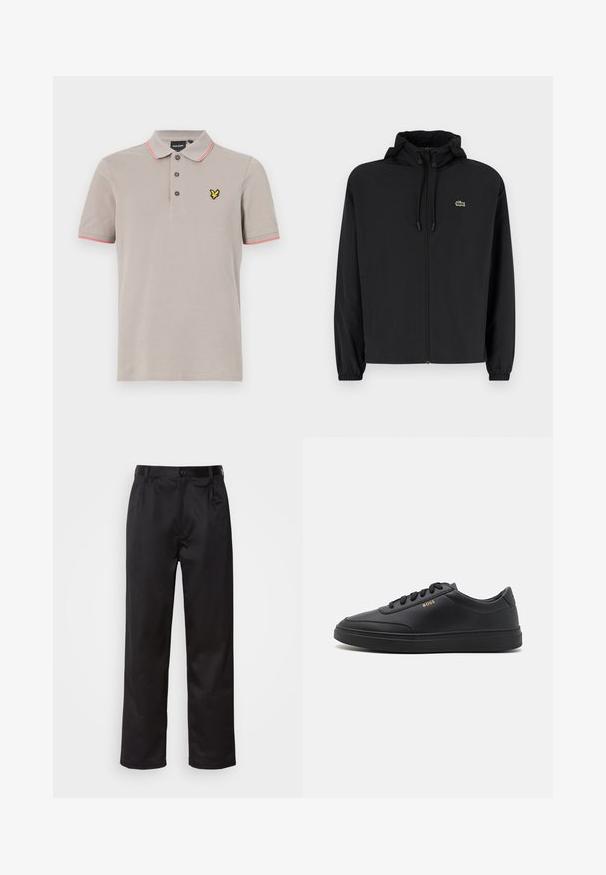 Mustmust jacket, millel näpsuga, kergest materjalist. Omab elastseid mansette ja väikest rohelist logo vasakul rinnal.; Heleda hallikots, millel on krae, kolm nuppu ja roosa aktsent varrukatel. Rinnal on kollane logo. Puuvillane materjal.; Mustadest siledast kangast pükstest, millel on ees nupu sulgemine, voldid ja sirged sääred. Ei mingeid nähtavaid mustreid ega aktsente.; Mustad nahkspordijalatsid siledast materjalist, ümarate varvastega, tasase kummist tallaga ja tooni sobivate paeltega. Küljes on kuldne "BOSS" bränding.
