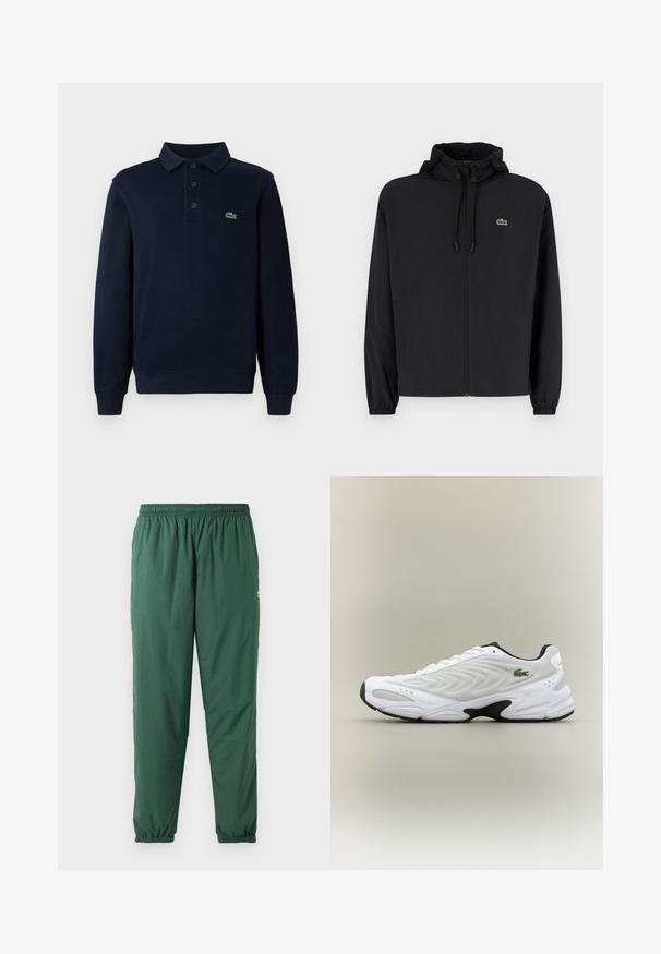 Čierna mikina na zips s kapucňou, vyrobená z ľahkého materiálu. Má elastické manžety a malú zelenú značku na ľavej hrudi.; Námornícky modrá polokošela s dlhým rukávom a gombíkovou légou, s malým zeleným logom krokodíla na hrudi.; Zelené, ľahké, elastické nohavice so sťahovacím pásom a manžetami, vyrobené z hladkého, vodoodpudivého materiálu.; Biele atletické tenisky s textúrovaným sieťovinovým zvrškom, zakriveným dizajnom a kontrastnou čiernou podrážkou. S greennou vyšívanou nášivkou na boku.
