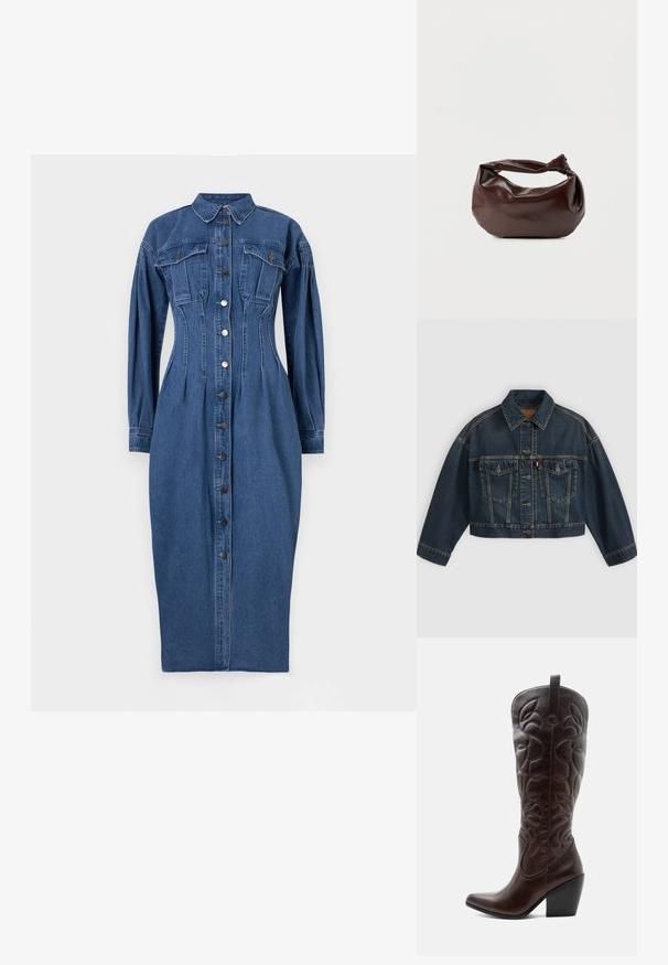 Tumesinine kärbitud teksajakk ees nööpidega, kaks rinnataskut flapsidega ja klassikalise kraega, esitletud lamedalt helel taustal.; Denimkleit nupudega ning pika varrukaga, kaks rinnataskut ja struktureeritud siluett keskmise sinise pesuga.; Kõrge tumepruun nahast kauboi saabas, millel on õmmeldud dekoratiivsed mustrid, terava varbaosaga ja kuhjatud plokk-kontsaga.; Tumepruunast nahast õlakott, pehme ja lõdva vormiga, keeratud sõlme tüüpi sangaga, valgel ühevärvilisel taustal.