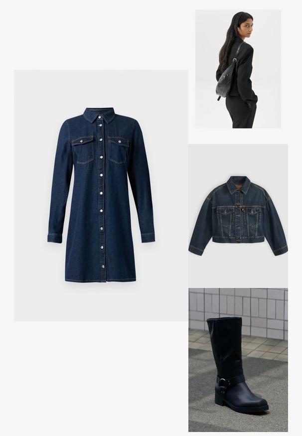 Dunkelblaue kurz geschnittene Jeansjacke mit Knopfleiste vorne, zwei Brustklappentaschen und klassischem Kragen, flach auf hellem Hintergrund dargestellt.; Dunkelblaues Denim-Hemdkleid mit langen Ärmeln und Kragen, silberne Druckknöpfe vorne und zwei Brusttaschen mit Klappen und Druckknöpfen.; Schwarzer Lederstiefel bis zur Mitte der Wade mit niedrigem Blockabsatz und dekorativem Riemen mit Metallschnalle um den Knöchel, auf einem gefliesten Gehweg.; Frau mit langen dunklen Haaren, die einen schwarzen Anzug trägt und eine schwarze Lederschultertasche hält, schaut über ihre Schulter vor einem weißen Hintergrund.