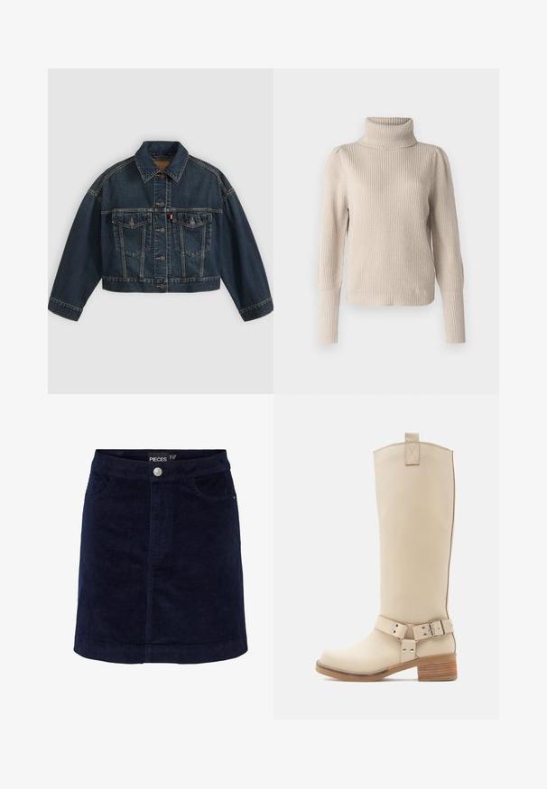 Tumesinine kärbitud teksajakk ees nööpidega, kaks rinnataskut flapsidega ja klassikalise kraega, esitletud lamedalt helel taustal.; VILA Knitted Turtleneck - Džemper - feather gray; Tumesinise kord vormiga mini seelik, millel on ees nupuga sulgemine ja kaks eesmist taskut. Sujuv tekstuur koos nähtavate ribidega.; Beež värvi põlvekõrged saapad, mis on valmistatud siledast nahast, millel on külgmine pandlaga rihm, kontrastne puidust konts ja tugev tagumine aas ülaosas.