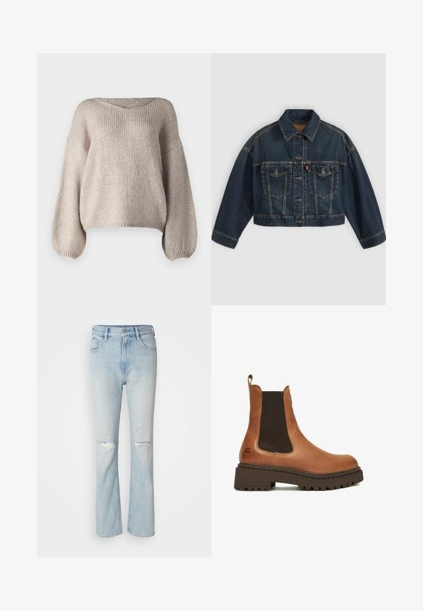Mørkeblå kort denimjakke med knapper foran, to brystlommer med klapper og klassisk krave, vist fladt på lys baggrund.; Beige strikket sweater med bred V-udskæring, lange ballonærmer og en cropped kant. Teksturen er chunky og blød, med et enkelt design.; Lyseblå jeans i denim med høj talje, udvidet ben, slidte detaljer og udskåret stof ved knæene. Fem-lomme design.; Brun læder Chelsea-støvle med tyk sort gummisål og elastiske sidepaneler, med trækflig bagpå.