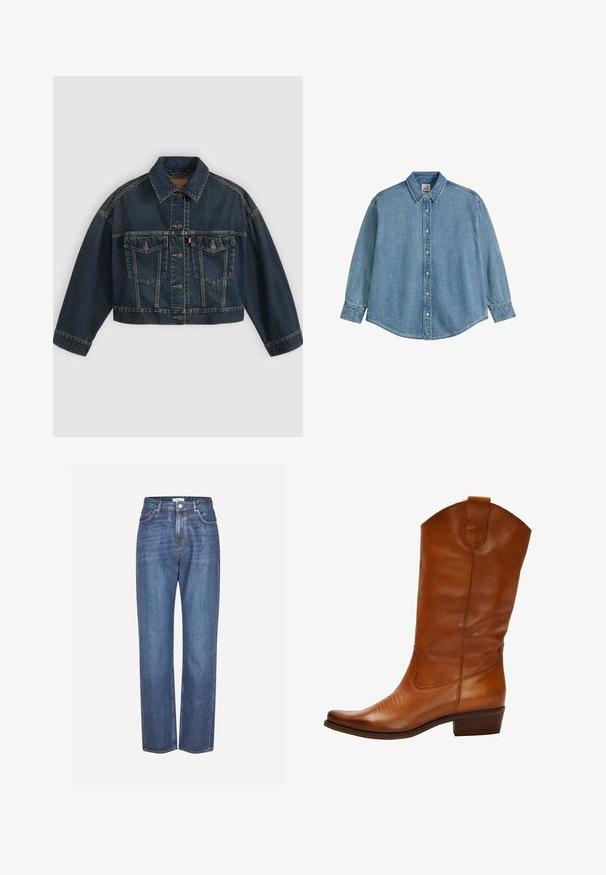 Dunkelblaue kurz geschnittene Jeansjacke mit Knopfleiste vorne, zwei Brustklappentaschen und klassischem Kragen, flach auf hellem Hintergrund dargestellt.; Blaues Jeanshemd mit langen Ärmeln, Knöpfen, Kragen und Manschetten, flach auf weißem Hintergrund präsentiert.; Helle blaue Denim-Jeans mit einem geraden Bein-Design, ausgestattet mit einem Knopfverschluss, Styling mit fünf Taschen und subtilen Ausbleichungen auf dem Stoff.; Braune Leder-Cowboy-Stiefel mit spitzem Zehenbereich, dekorativer Stickerei auf dem Vorderblatt und niedrigem, gestapeltem Absatz. Mit einem Zugriemen oben.
