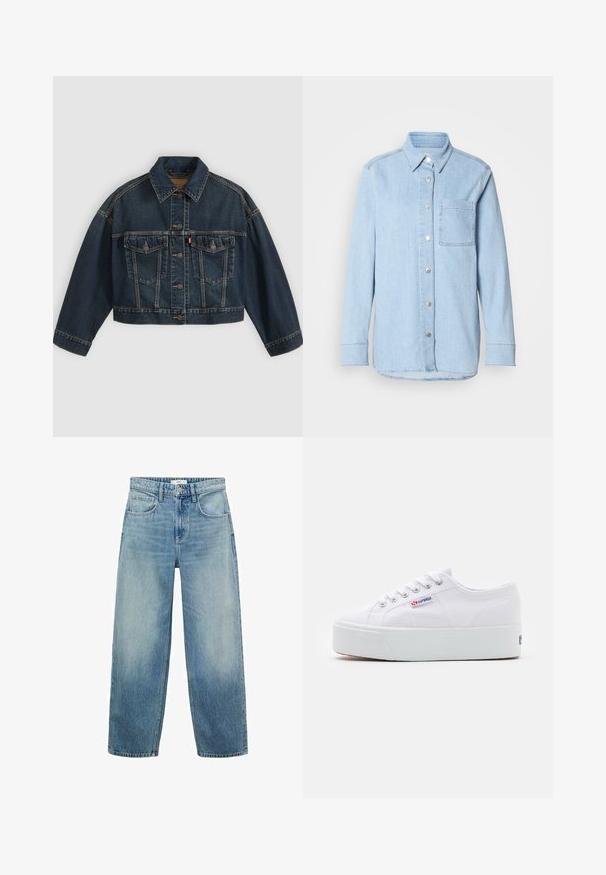 Mørkeblå kort denimjakke med knapper foran, to brystlommer med klapper og klassisk krave, vist fladt på lys baggrund.; Lyseblå denimskjorte med knaplukning foran, spids krave, enkelt brystlomme og lange ærmer med knapmanchetter.; Lys blå denim bredbenede jeans med høj talje, fem lommer og knaplukning. Fadede mønster mod bunden.; Hvide canvas sneakers med en tyk hvid platformssål, rund tå og metaløjelets til snørebånd. Mærkets logo præsenteret på siden.