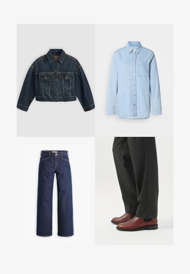 Dunkelblaue kurz geschnittene Jeansjacke mit Knopfleiste vorne, zwei Brustklappentaschen und klassischem Kragen, flach auf hellem Hintergrund dargestellt.; Himmelblaues Denim-Hemd mit Knopfverschluss, spitzem Kragen, einer Brusttasche und langen Ärmeln mit knöpfbaren Manschetten.; Dunkelblaue Jeans mit hoher Taille, weitem Bein und dezentem orangem Nähgarn. Mit einer Frontknopf- und Reißverschlussöffnung.; Person trägt dunkelgraue Hose mit geradem Bein und braune Lederschuhe zum Hineinschlüpfen, steht auf weißem Boden.