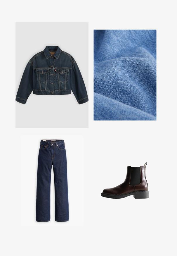 Donkerblauw cropped spijkerjasje met knoopsluiting aan de voorkant, twee borstzakken met klep en klassieke kraag, plat neergelegd op een lichte achtergrond.; Blauwe denimstof met een zachte textuur, kenmerkend door een strakke weefpatroon en subtiele schaduwvariaties. Gewrikkeld uiterlijk met plooien.; Donkerblauwe rechte spijkerbroek met vijf zakken, oranje stiksels en een knopen sluiting.; Bruine leren enkelboot met elastische zijpanelen, ronde neus en een gestructureerde zwarte rubberen zool. Heeft contrasterende stiksels en een lusje aan de achterkant.