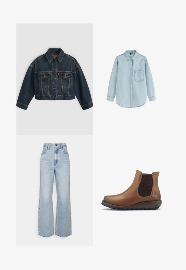 Mørkeblå kort denimjakke med knapper foran, to brystlommer med klapper og klassisk krave, vist fladt på lys baggrund.; Lyseblå denim skjorte med lange ærmer og knapper foran, med en enkelt brystlomme og krave med fold, lagt fladt på en hvid baggrund.; Lysblå denim brede ben jeans med høj talje, klassisk fem-lomme design og kontrasterende syninger. Uslebne kanter i bunden.; Brune læderankelstøvle med elastiske paneler, rund tå og tekstureret gummisål. Har stikninger og en diskret logodetalje.