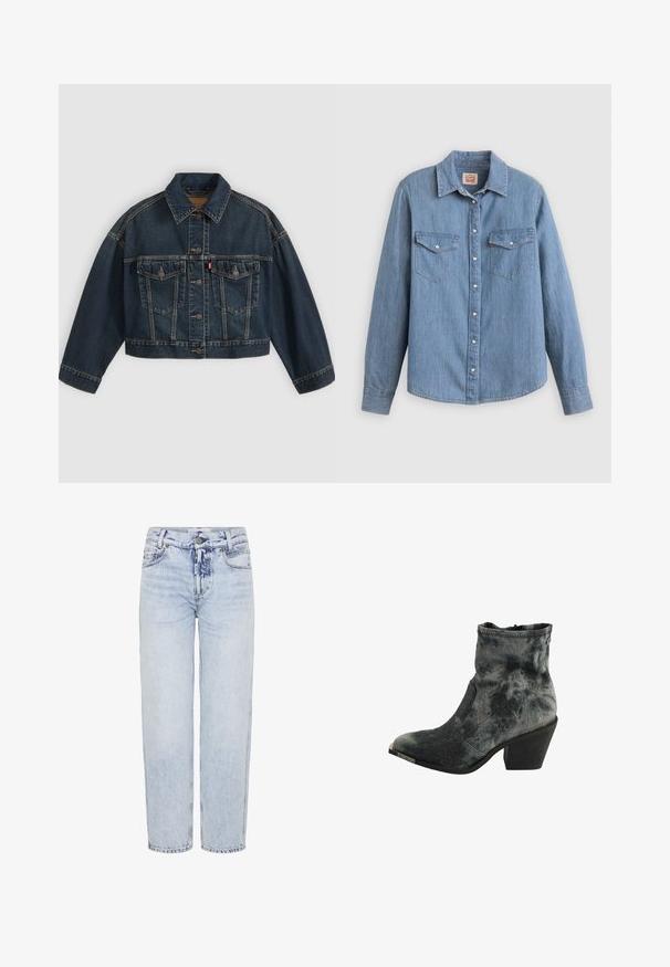 Mørkeblå kort denimjakke med knapper foran, to brystlommer med klapper og klassisk krave, vist fladt på lys baggrund.; Lyseblå denimskjorte med lange ærmer, knapper foran, to brystlommer og klassisk krave. Glat tekstur og afslappet pasform.; Lysblå, højtaljede jeans lavet af denim; med lige ben, forlommer, en knaplukning og minimale falmningsmønstre.; Sort og grå tekstureret ankelstøvle med spids tå, lav stablet hæl og lynlås lukning bagpå.