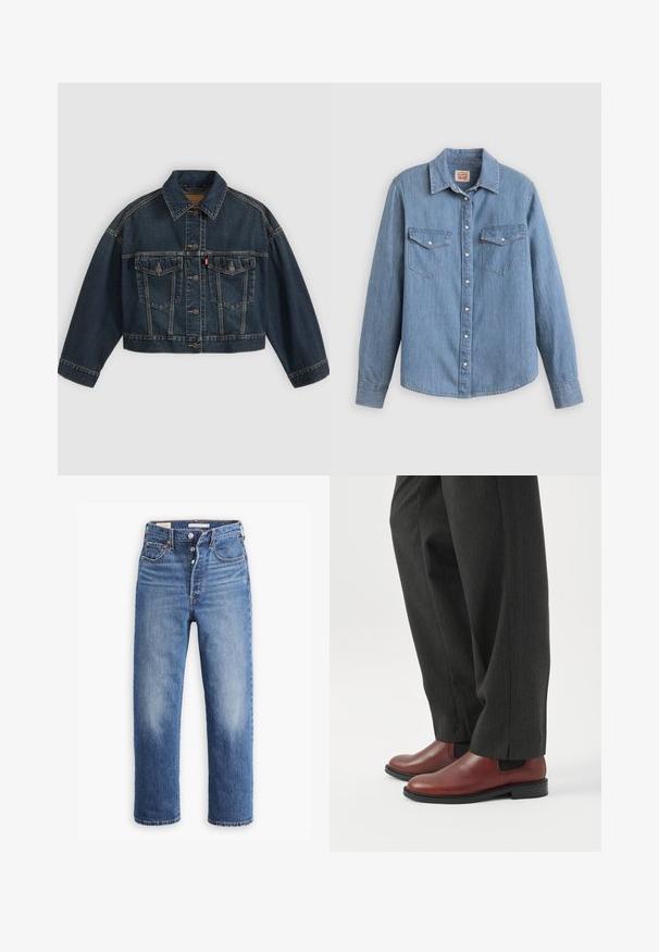 Mørkeblå kort denimjakke med knapper foran, to brystlommer med klapper og klassisk krave, vist fladt på lys baggrund.; Lyseblå denimskjorte med lange ærmer, knapper foran, to brystlommer og klassisk krave. Glat tekstur og afslappet pasform.; Blå denim jeans med høj talje, lige ben og udtværede områder. Har forlommer og metalbeslag.; Person iført mørkegrå bukser med lige ben og brune lædersko uden snøre, stående på et hvidt gulv.