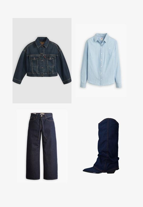 Donkerblauw cropped spijkerjasje met knoopsluiting aan de voorkant, twee borstzakken met klep en klassieke kraag, plat neergelegd op een lichte achtergrond.; Lichtblauwe overhemdbloes gemaakt van zacht denimstof. Heeft een klassieke kraag en lange mouwen, met een klein logo op de borst.; Wijd pijpjes donkerblauwe denim jeans met een hoge taille, voorzien van een trekkoord, vijf zakken en contrasterende stiksels.; sacha Laarzen - blue