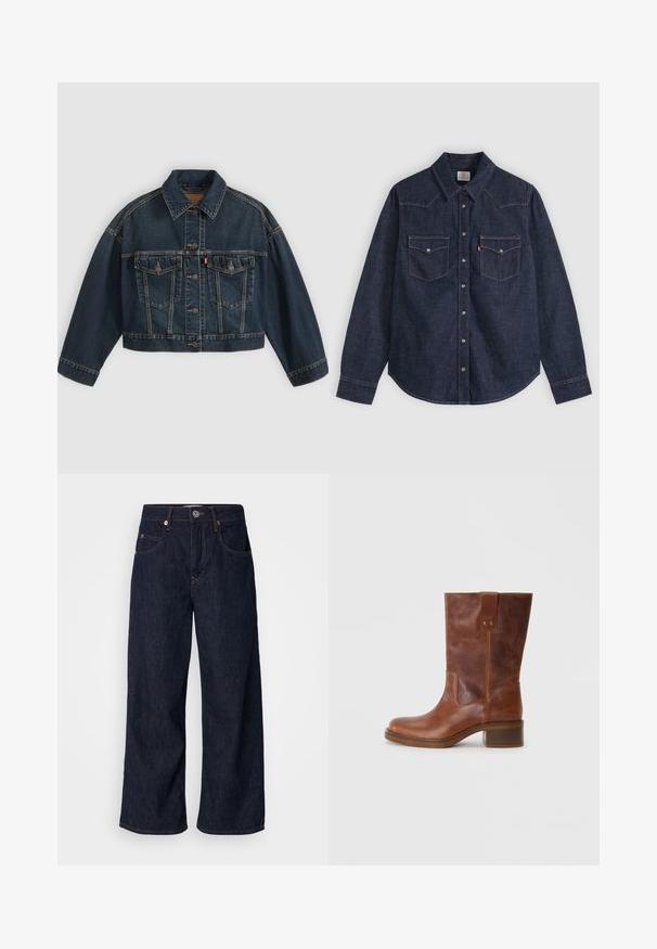 Dunkelblaue kurz geschnittene Jeansjacke mit Knopfleiste vorne, zwei Brustklappentaschen und klassischem Kragen, flach auf hellem Hintergrund dargestellt.; Dunkelblaues Denim-Langarmhemd mit spitzem Kragen, vorderen Druckknöpfen und zwei mit Knöpfen verschließbaren Brusttaschen mit Kontrastnähten.; Helle Jeans mit weitem Bein in Dunkelblau, featuring eine hohe Taille, zwei vordere Taschen, einen Knopfverschluss und kontrastierende Nähte.; Braune Lederkniehohe Stiefel mit runder Spitze, kontrastierendem Seitenpaneel und niedrigem Blockabsatz. Mit einem Rückenteil und Metallnieten ausgestattet.