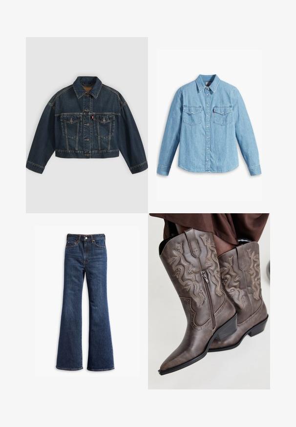 Mørkeblå kort denimjakke med knapper foran, to brystlommer med klapper og klassisk krave, vist fladt på lys baggrund.; Lyseblå denimskjorte med lange ærmer, spidse krave, to brystlommer, knaplukning og subtil tekstur. Ingen synlige mønstre.; Højtaljede mørkeblå denim jeans med udvidede ben, frontknap og lynlås lukning, samt fem-lommer design.; Brune læder cowboystøvler med spids tå, sidelukning og struktureret slange-design i beige, med dekorative nitter langs kanterne.
