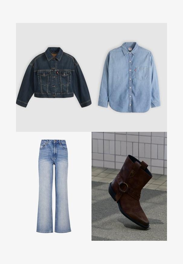 Mørkeblå kort denimjakke med knapper foran, to brystlommer med klapper og klassisk krave, vist fladt på lys baggrund.; Lyseblå denimskjorte med button-down-krave, forlompe og lange ærmer. Har en buet kant og en subtil tekstur.; Lys blå denim bred-benede jeans har høj talje, knaplukning, diskret slidmærker og et klassisk fem-lomme design.; Brun læder ankelstøvle med dekorativ spænde og syning, hvilende på en tekstureret overflade med flisebelagt væg i baggrunden.