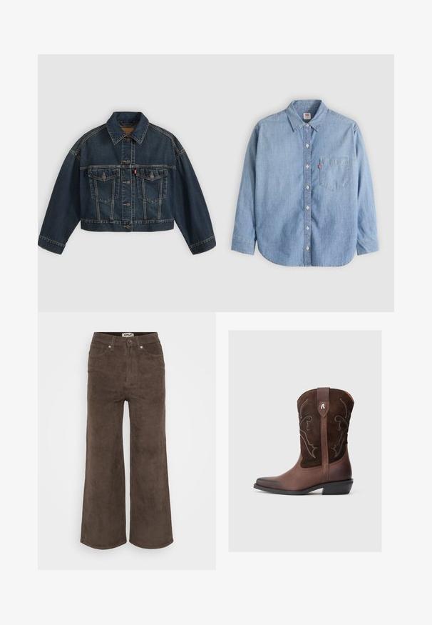 Dunkelblaue kurz geschnittene Jeansjacke mit Knopfleiste vorne, zwei Brustklappentaschen und klassischem Kragen, flach auf hellem Hintergrund dargestellt.; Hellblaues Jeanshemd mit Knopfleiste am Kragen, Brusttasche und langen Ärmeln. Verfügt über einen abgerundeten Saum und eine subtile Textur.; Braune Corduroy-Hosen mit weitem Bein und gerippter Textur, fünf Taschen und vorderem Knopfverschluss. Mit einem Etikett am Bund.; Brauner Leder-Cowboystiefel mit strukturiertem Wildlederobermaterial, detaillierter weißer Naht, spitz zulaufender Spitze und einem niedrigen Blockabsatz.