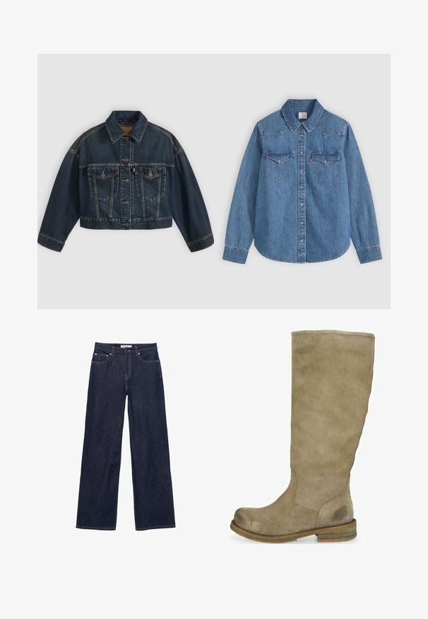 Mørkeblå kort denimjakke med knapper foran, to brystlommer med klapper og klassisk krave, vist fladt på lys baggrund.; Langærmet blå denim skjorte med knapper, spids krave og to brystlommer med klap på en lys baggrund.; Mørkeblå jeans med lige ben, forlommer, bæltestropper, knaplukning og synlige kontrastsyninger.; Knæhøje beige ankelstøvler i ruskind med rund tå og tekstureret overflade. Brun træhælhæl med diskret logo-detalje nær ankelområdet.