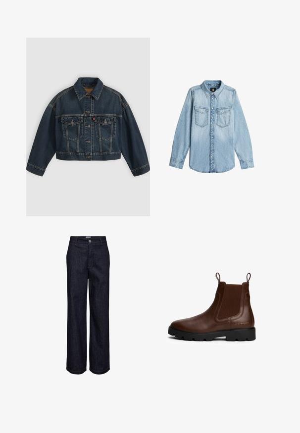 Dunkelblaue kurz geschnittene Jeansjacke mit Knopfleiste vorne, zwei Brustklappentaschen und klassischem Kragen, flach auf hellem Hintergrund dargestellt.; Helles blaues Denim-Hemd mit langen Ärmeln, Kragen, aufknöpfbarem Frontverschluss und zwei Brusttaschen mit Knopfklappen.; Dunkelblaue Denim-Jeans mit geradem Bein, Knopf- und Reißverschluss, Gürtelschlaufen und sichtbaren Nahtdetails.; Braune Leder Chelsea-Boots mit elastischen Seiteneinsätzen, Zuglaschen, schwarzer Gummisohle und goldfarbenem Logodetail an der Seite. Glatte Textur.