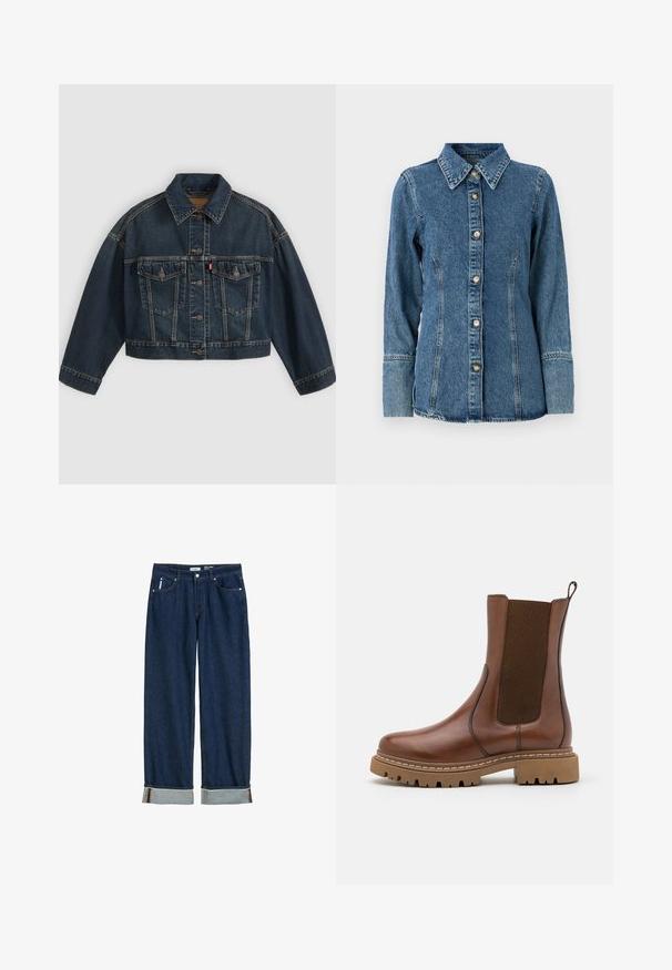 Dunkelblaue kurz geschnittene Jeansjacke mit Knopfleiste vorne, zwei Brustklappentaschen und klassischem Kragen, flach auf hellem Hintergrund dargestellt.; Denimhemd in Mittelblau mit klassischem Kragen, langen Ärmeln, Knopfverschluss und kontrastierendem Stich entlang der Nähte.; Dunkelblaue Jeans aus Denim mit geradem Bein, umgeschlagenen Säumen, sichtbarem Stich und klassischem Fünf-Taschen-Stil.; Braune Leder-Ankle-Boots mit elastischen Einsätzen und einem Ziehschlaufe. Sie verfügen über eine robuste Gummisohle und sichtbare Nahtdetails entlang der Kanten.