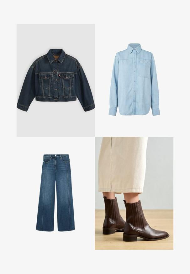 Veste en jean courte bleu foncé avec fermeture à boutons sur le devant, deux poches poitrine à rabat et col classique, présentée à plat sur fond clair.; Chemise en denim bleu clair à manches longues, devant boutonné, col pointu, poche poitrine unique et détails de couture verticaux subtils.; Jeans évasés en denim bleu foncé avec des coutures blanches contrastantes, design à cinq poches et fermeture à bouton à la taille.; Pavement SHANI - Bottines - brown