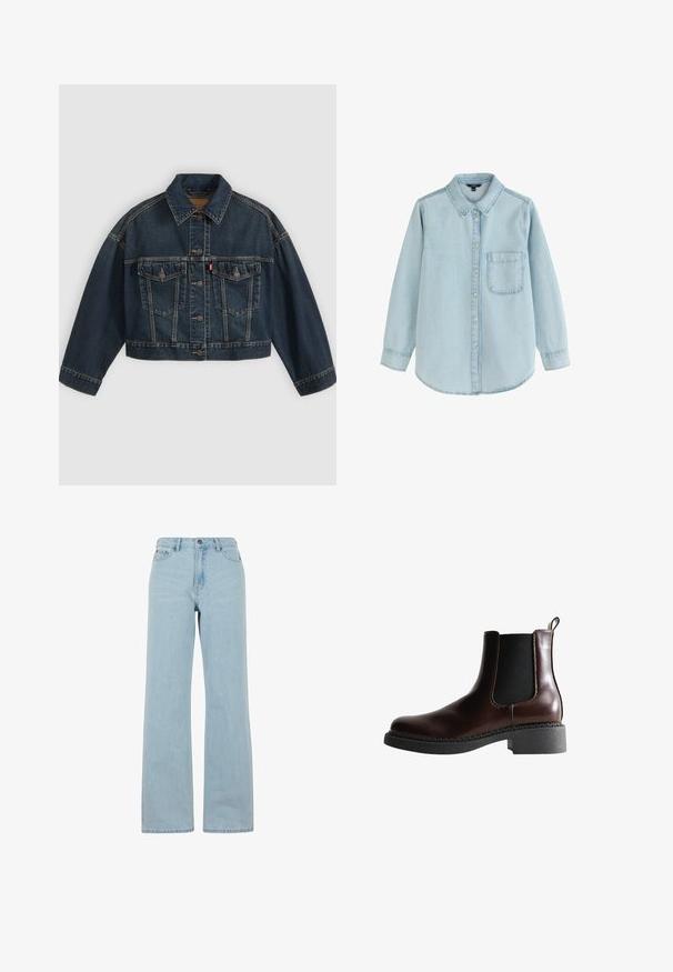Dunkelblaue kurz geschnittene Jeansjacke mit Knopfleiste vorne, zwei Brustklappentaschen und klassischem Kragen, flach auf hellem Hintergrund dargestellt.; Hellblaues Jeanshemd mit langen Ärmeln, Knopfleiste, einer Brusttasche vorne und klassischem Kragen, dargestellt vor weißem Hintergrund.; Helle blaue Schlagjeans aus Denim, mit hoher Taille, Fronttaschen und einer dezenten Waschstruktur. Standardknopf- und Reißverschluss.; Braune Leder-Boots mit elastischen Seitenteilen, runder Spitze und einer strukturierten schwarzen Gummisohle. Verfügt über kontrastierende Nähte und eine Ziehlasche.
