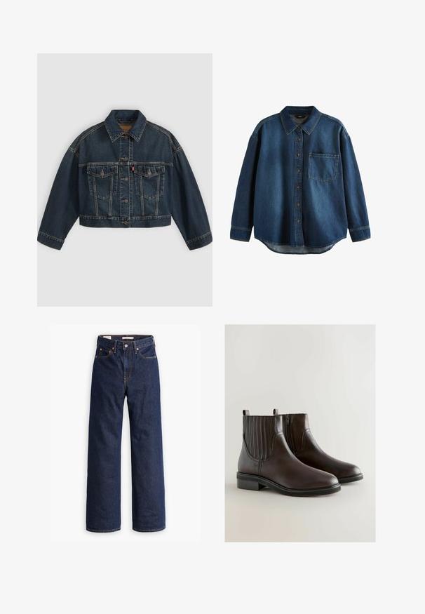 Veste en jean courte bleu foncé avec fermeture à boutons sur le devant, deux poches poitrine à rabat et col classique, présentée à plat sur fond clair.; Chemise en denim bleu foncé avec un col classique, des manches longues, une fermeture à boutons, une poche poitrine et un ourlet incurvé en bas.; Jeans en denim droit bleu foncé avec cinq poches, surpiqûres orange et fermeture à boutons.; Bottines en cuir marron avec des panneaux latéraux élastiques et une fermeture éclair sur le côté, présentant un petit talon et une texture lisse.