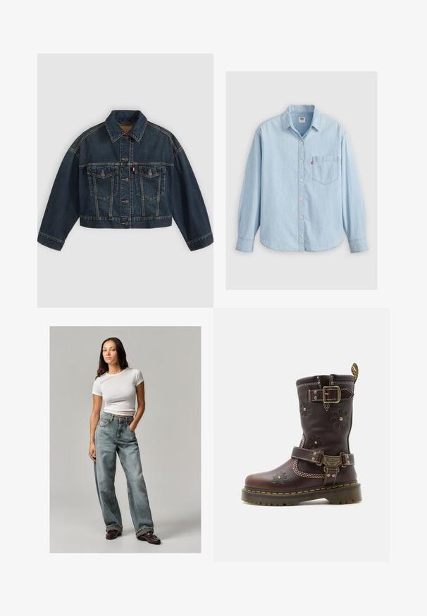 Mørkeblå kort denimjakke med knapper foran, to brystlommer med klapper og klassisk krave, vist fladt på lys baggrund.; Lyseblå denimskjorte med spidse kraver, lange ærmer, knaplukning og en brystlomme med et lille logomærke.; Lysblå denim brede bukser med falmede detaljer, høj talje og forlommer. Sat sammen med en tætsiddende hvid t-shirt med korte ermer og bordeauxfarvede sko.; Brun læderstøvle til midt på læggen med præget blomstermønster, to justerbare messing spænder, gul syning og robust sål.