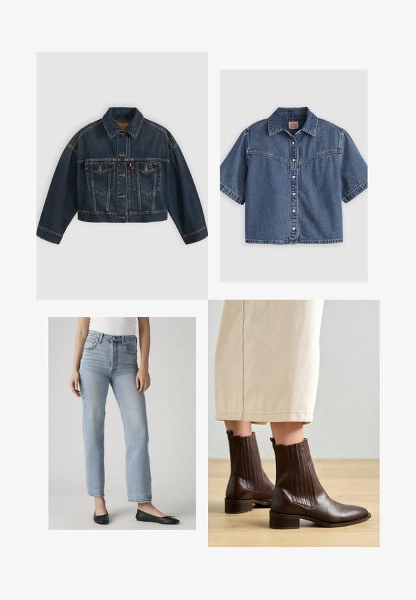 Mørkeblå kort denimjakke med knapper foran, to brystlommer med klapper og klassisk krave, vist fladt på lys baggrund.; Kortærmet blå denimskjorte med knapper, spids krave og Western-inspireret skørt med syningsdetaljer.; Kvinde iført lyseblå jeans med høj talje og lige ben samt sorte balletsko, stående mod en ensfarvet lys baggrund.; Pavement SHANI - Støvletter - brown