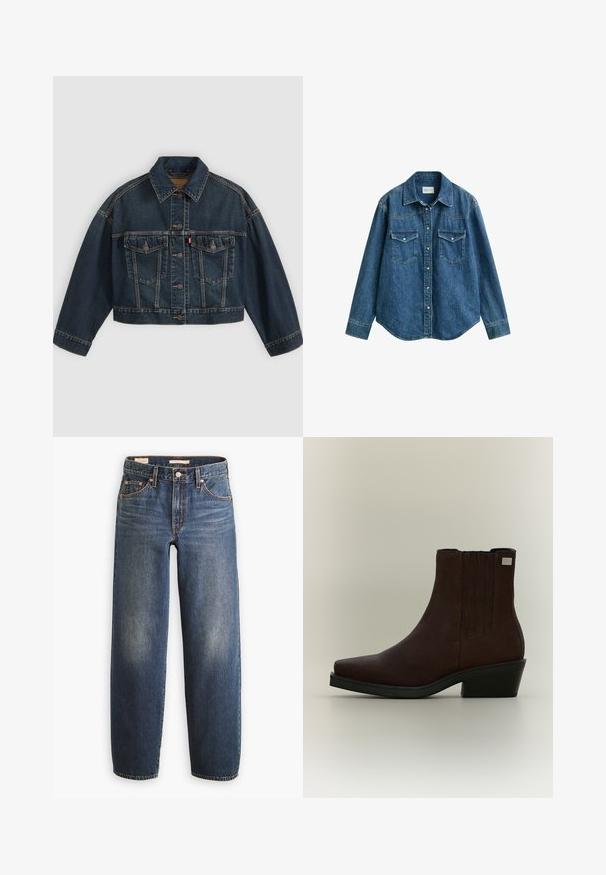 Veste en jean courte bleu foncé avec fermeture à boutons sur le devant, deux poches poitrine à rabat et col classique, présentée à plat sur fond clair.; Chemise en jean bleu à manches longues avec col, boutons-pression devant et deux poches poitrine à rabat, présentée sur fond blanc uni.; Jean en denim bleu foncé avec une coupe droite, doté de cinq poches, de rivets en cuivre et d'un léger délavage sur les cuisses.; Bottine en daim marron foncé avec petit talon, panneaux latéraux élastiques et bout carré sur fond gris clair.