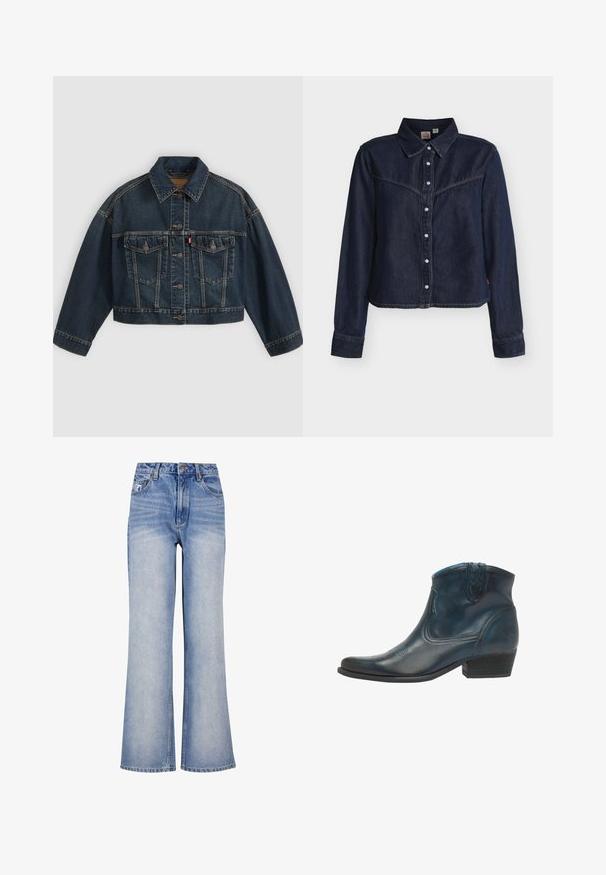 Dunkelblaue kurz geschnittene Jeansjacke mit Knopfleiste vorne, zwei Brustklappentaschen und klassischem Kragen, flach auf hellem Hintergrund dargestellt.; Dunkelblaues Jeanshemd mit langen Ärmeln, Druckknöpfen, Western-Passe, spitzem Kragen und geradem Saum vor weißem Hintergrund.; Hellblaue Denim-Weite-Bein-Jeans mit hoher Taille, Knopfverschluss, subtilen Verwaschungen und klassischem Fünf-Taschen-Design.; Cowboy-Stiefel aus dunkelblauem Leder, mit spitz zulaufender Zehenpartie, geschwungenen Akzenten und einem niedrigen, gestapelten Absatz mit dezenten Nähdetails.