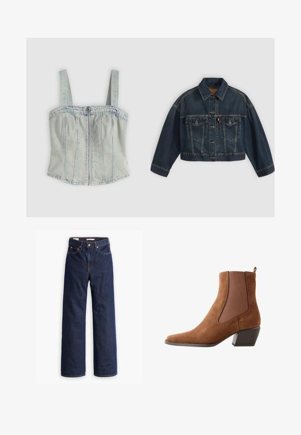 Mørkeblå kort denimjakke med knapper foran, to brystlommer med klapper og klassisk krave, vist fladt på lys baggrund.; Lyseblå denim korsett-top med brede stropper, lynlåslukning foran, lodrette sømdetaljer og en lige kant.; Mørkeblå straight-leg denim jeans med fem lommer, orange syninger og knaplukning.; Brun ruskind ankelstøvle med lav stablet hæl og elastisk sidepanel for nemt at kunne tage den på, vist i profil på hvid baggrund.