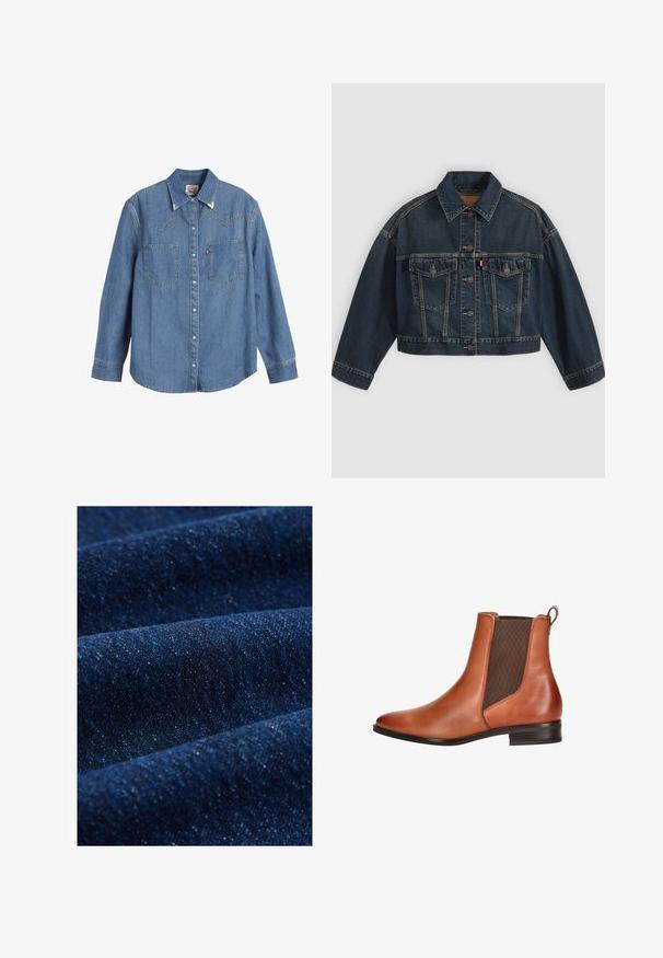 Chaqueta vaquera corta azul oscuro con cierre de botones delanteros, dos bolsillos de solapa en el pecho y cuello clásico, mostrada plana sobre fondo claro.; Camisa de mezclilla azul clara con mangas largas, cuello puntiagudo, dos bolsillos en el pecho y costuras en contraste. Presenta un diseño de canesú de estilo occidental.; Tejido de mezclilla azul oscuro con una textura sutil, que presenta costuras visibles y un ligero brillo, mostrando pliegues suavizados y tonos variados.; Botín de cuero marrón hasta el tobillo con paneles laterales elásticos, acabado suave, punta redonda y tacón bajo apilado. Costuras de acento a lo largo de las uniones.