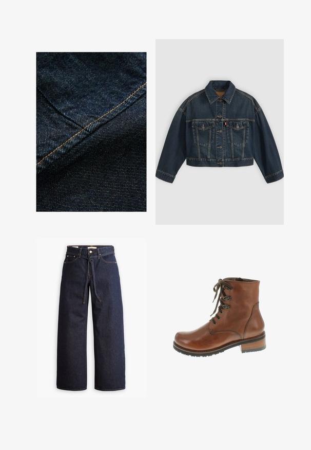 Veste en jean courte bleu foncé avec fermeture à boutons sur le devant, deux poches poitrine à rabat et col classique, présentée à plat sur fond clair.; Tissu en denim bleu foncé avec une texture verticale subtile, présentant des coutures orange le long de la couture pour souligner.; Jeans en denim bleu foncé à jambes larges, avec une taille haute, dotés d'un lien à cordon, de cinq poches et de détails de couture contrastants.; Bottes de cheville en cuir brun avec un bout rond, un laçage à l'avant, des œillets en métal et un talon bas empilé. Elles présentent une texture lisse et des accents de couture.
