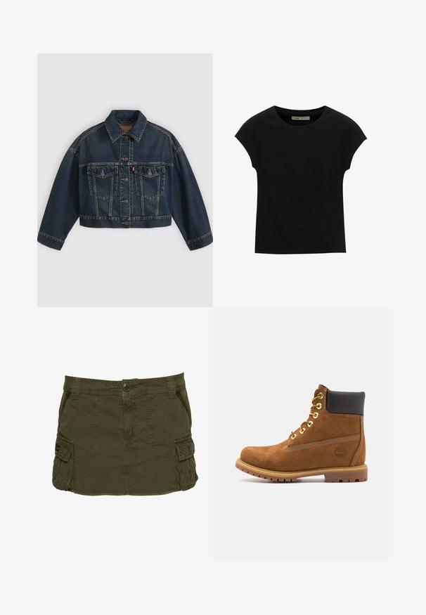 Mørkeblå kort denimjakke med knapper foran, to brystlommer med klapper og klassisk krave, vist fladt på lys baggrund.; Sort T-shirt med korte ærmer og rund halsudskæring. Fremstillet af glat, elastisk bomuldsstof. Simpelt design uden mønstre eller grafik.; Olivengrøn cargoskørt lavet af bomuldsblanding, med sidelommer, synlige sømme og knappelukning i taljen.; Brun ruskinds ankelstøvle med sort polstret krave, gyldne øjer, snørebånd foran og gummisål med et struktureret mønster.
