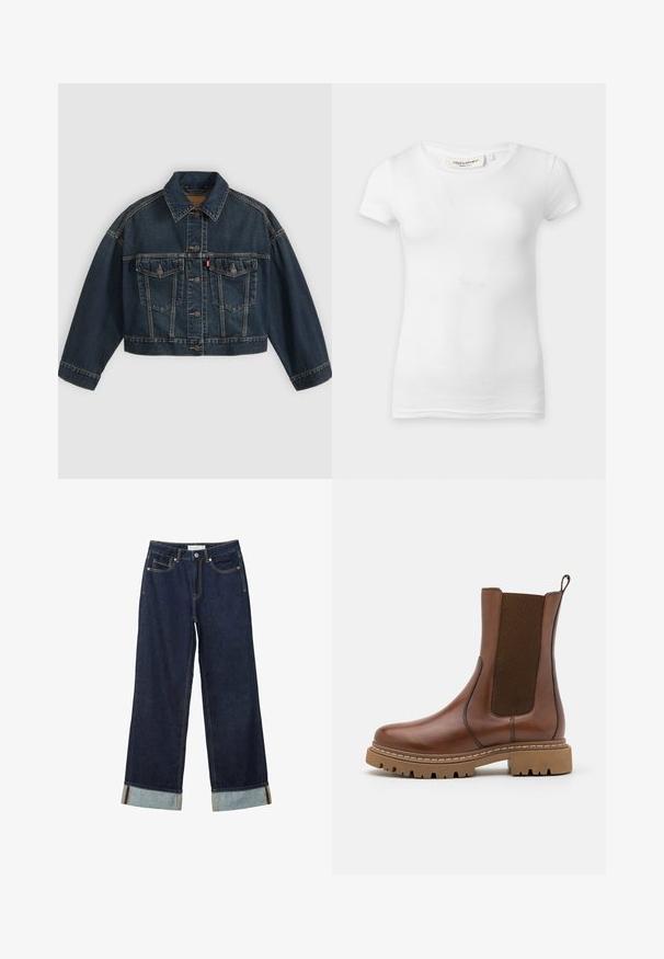 Donkerblauw cropped spijkerjasje met knoopsluiting aan de voorkant, twee borstzakken met klep en klassieke kraag, plat neergelegd op een lichte achtergrond.; Effen wit, aansluitend T-shirt met korte mouwen en een ronde hals, weergegeven op een vlakke ondergrond.; Donkerblauwe wijde jeans met een hoge taille, voorzien van omgeslagen manchetten, contrasterende stiksels en een vijf-pocket ontwerp. Gemaakt van denim stof.; Bruine leren enkelboot met elastische panelen en een trekomed. Kenmerkt zich door een robuuste rubberen zool en zichtbare stiksels langs de randen.
