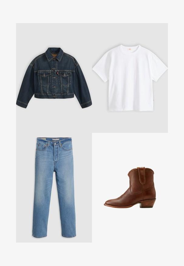 Donkerblauw cropped spijkerjasje met knoopsluiting aan de voorkant, twee borstzakken met klep en klassieke kraag, plat neergelegd op een lichte achtergrond.; Wit katoenen t-shirt met korte mouwen, ronde hals, losse pasvorm, gladde textuur en een klein logolabel aan de linker zijnnaad.; Lichtblauwe rechte denim jeans met voorzakken, riemlussen en een knoopsluiting op een effen achtergrond.; Bruine leren enkellaars cowboylaars met gevlochten rand en trektab, gestapelde houten hak en puntige neus, weergegeven van opzij.