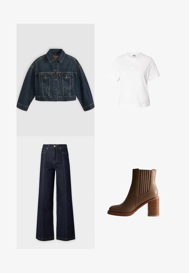 Donkerblauw cropped spijkerjasje met knoopsluiting aan de voorkant, twee borstzakken met klep en klassieke kraag, plat neergelegd op een lichte achtergrond.; Effen witte korte mouwen T-shirt met ronde hals, normale pasvorm en label zichtbaar aan de binnenkant van de kraag op een witte achtergrond.; Donkerblauwe jeans met hoge taille en wijde pijpen, met voorzakken, zichtbare naden en een knoop- en ritsluiting op een effen lichte achtergrond.; Bruine leren enkelboot met gestapelde blokhak en elastische zijpanelen voor makkelijke instap, weergegeven in profielweergave op een witte achtergrond.