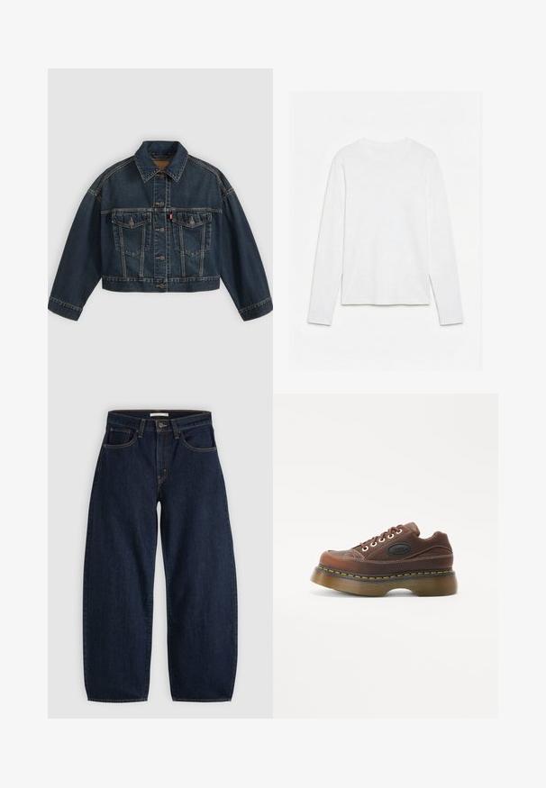 Veste en jean courte bleu foncé avec fermeture à boutons sur le devant, deux poches poitrine à rabat et col classique, présentée à plat sur fond clair.; T-shirt blanc uni à manches longues et col rond, posé à plat sur une surface blanche, montrant l'avant et la longueur complète des manches.; Jean en denim bleu foncé à jambes larges avec fermeture avant par bouton et glissière, passants de ceinture et design cinq poches, posé à plat sur fond gris.; Baskets plateformes en cuir marron avec une tige texturée, surpiqûres blanches, fermeture à lacets et accent jaune sur le bord de la semelle.