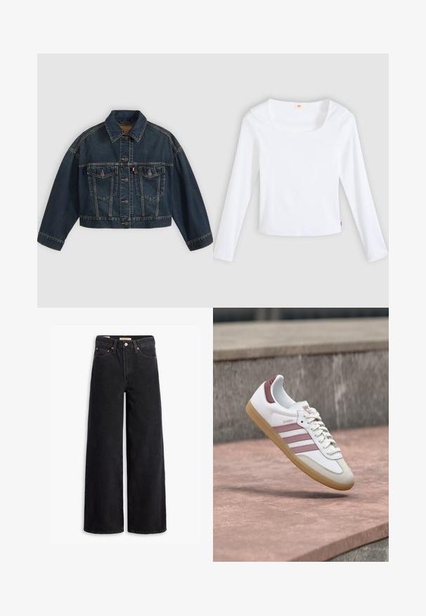 Dunkelblaue kurz geschnittene Jeansjacke mit Knopfleiste vorne, zwei Brustklappentaschen und klassischem Kragen, flach auf hellem Hintergrund dargestellt.; Weißes Langarm-T-Shirt aus Rippstoff mit quadratischem Ausschnitt und figurbetontem Schnitt, mit einem kleinen Logobändchen an der Seite.; Schwarze weite Jeans aus Denim mit fünf Taschen, Kupferrivets und einem klassischen Knopfverschluss. Glatte Textur mit einem klaren Design.; Weißer und rosa Adidas Samba Sneaker mit Gummisohle, der über einer Steinoberfläche schwebt und vor einem verschwommenen Steinwand-Hintergrund.