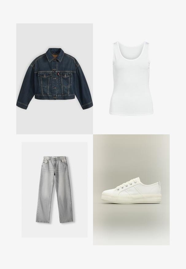 Dunkelblaue kurz geschnittene Jeansjacke mit Knopfleiste vorne, zwei Brustklappentaschen und klassischem Kragen, flach auf hellem Hintergrund dargestellt.; Weißes Tanktop aus einem glatten, elastischen Stoff mit einem runden Ausschnitt und einer figurbetonten Passform. Keine sichtbaren Muster oder Beschläge.; Helle graue Jeans aus Denim mit geradem Bein, ausgestattet mit zwei vorderen Taschen, einem Knopfverschluss und subtilen Abnutzungen für Struktur.; Weißer Sneaker mit niedrigem Schaft, dicker gerippter Sohle, Schnürung vorne und Zuglasche an der Ferse vor neutralem Hintergrund.
