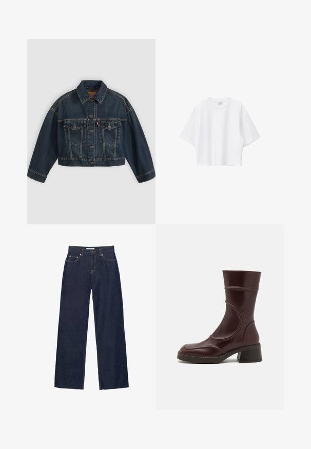 Veste en jean courte bleu foncé avec fermeture à boutons sur le devant, deux poches poitrine à rabat et col classique, présentée à plat sur fond clair.; T-shirt blanc court en coton doux, avec col rond, manches courtes et coupe décontractée. Design simple et polyvalent.; Jean droit en denim bleu foncé avec fermeture par bouton et fermeture éclair, cinq poches et surpiqûres contrastantes visibles.; MIISTA MALENE - Bottines - brown